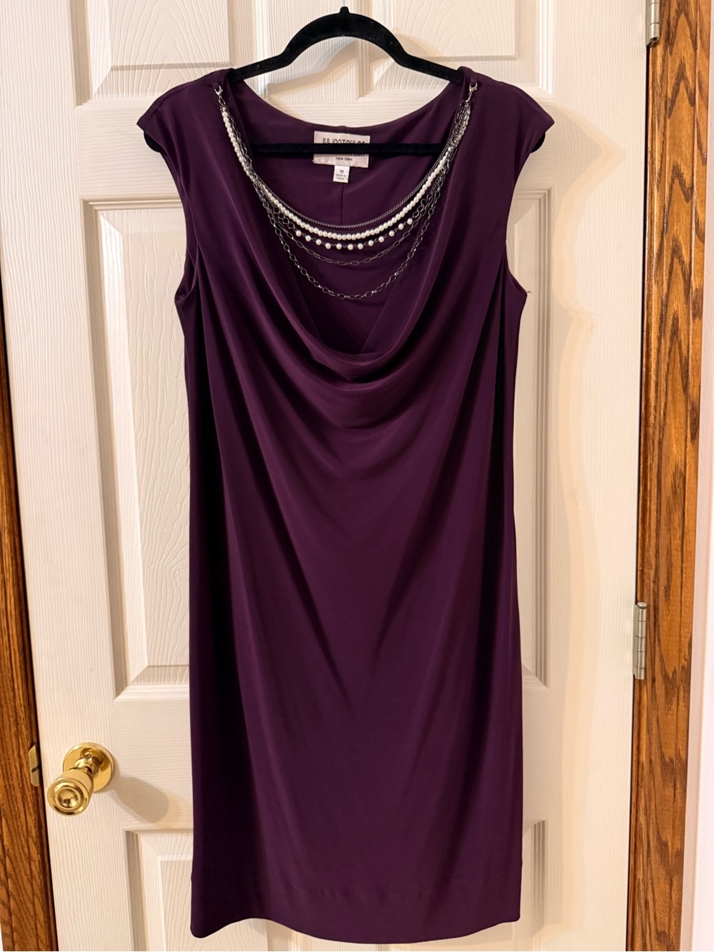 Julian Taylor Deep Plum Sleeveless Cowl Neck Dress with Chain Detail